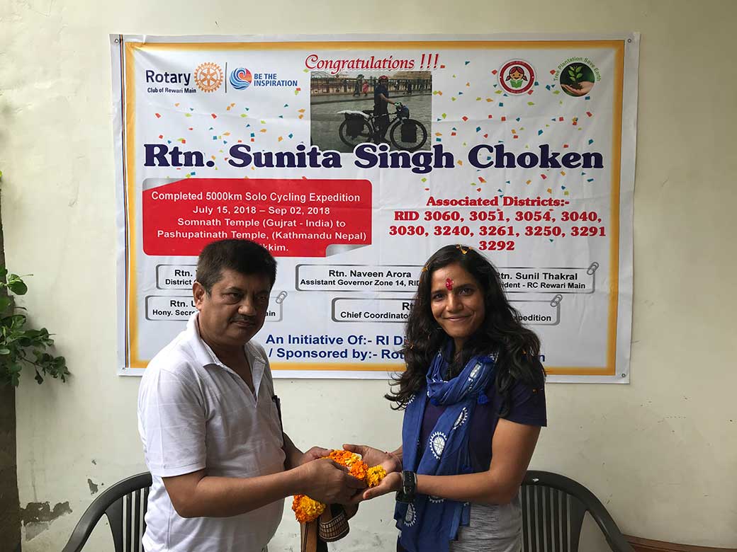 Solo Cycling event finished in Nepal. Rotary Club of Rewari Main members received Rtn. Sunita Choken